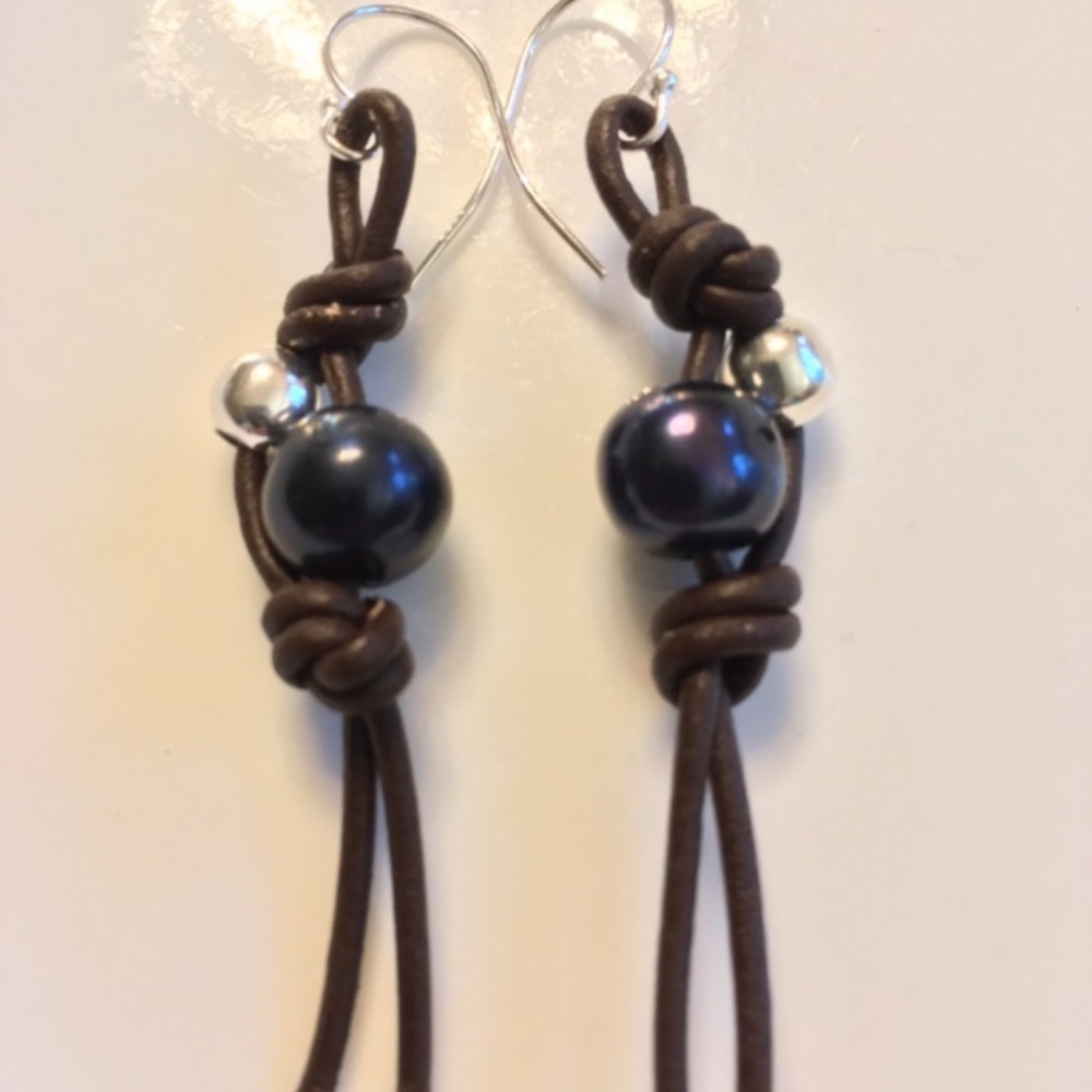 ARTISAN Knotted Brown Leather Black Pearl Sterling Silver Bead 2 1/2” Earrings